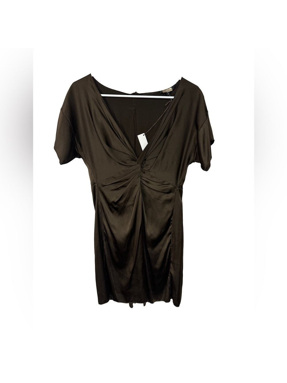 Rozae Nichols Brown Silk Sateen V Neck Mini Dress Small